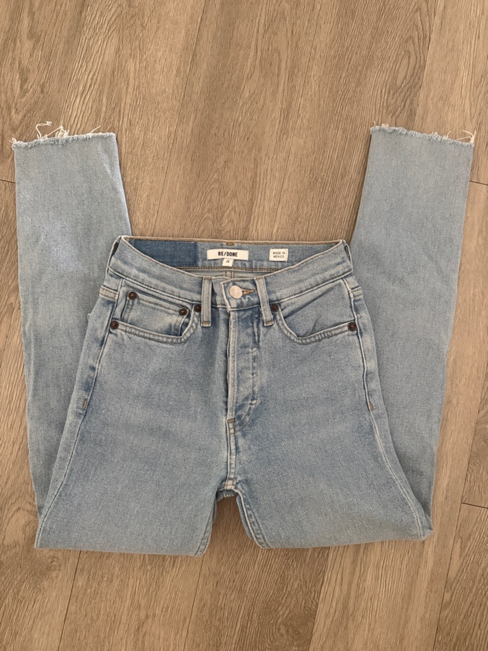 Redone Womens Cotton Buttoned Skinny Leg Distress Hem Jeans Blue Size EUR24